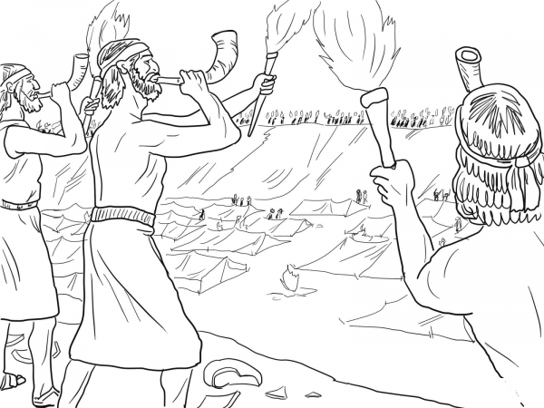 Gideon Soldiers with Trumpets and Torches coloring page image