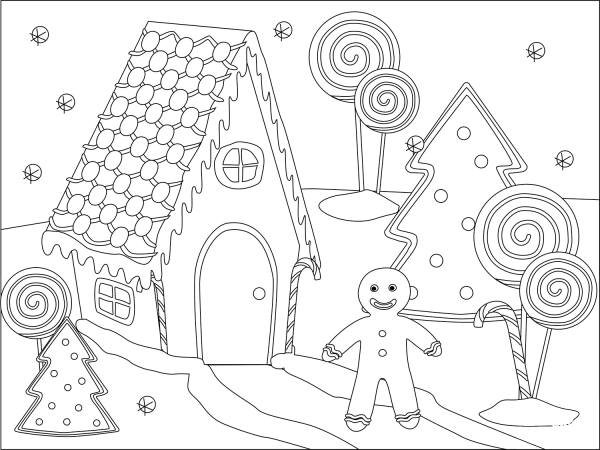 Gingerbread and Gingerbread House coloring page image