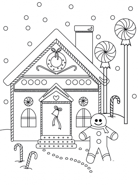 Gingerbread Man near the House coloring page image