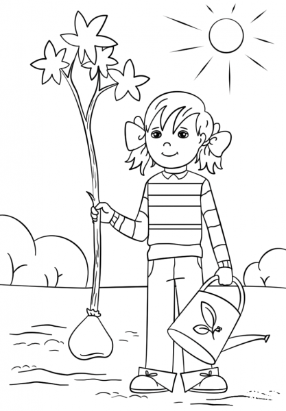 Gir Holding Tree and Bucket coloring page image