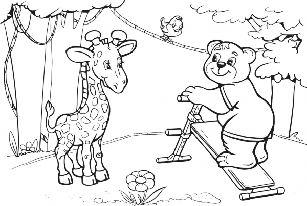 Giraffe and Bear Want to Do Abs Workout coloring page image