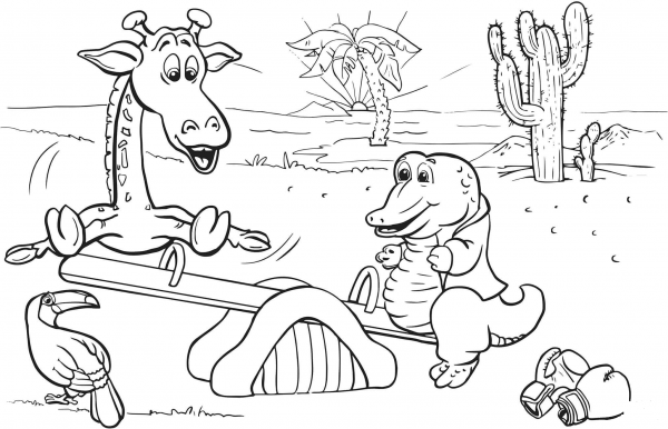 Giraffe and Crocodile on the Playground coloring page image