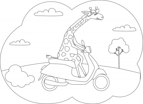 Giraffe driving a Scooter coloring page image