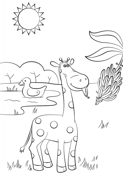 Giraffe Eating Banana coloring page image