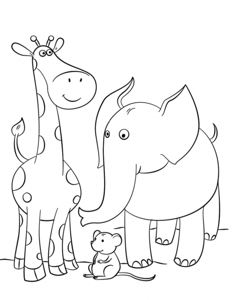 Giraffe, Mouse and Elephant coloring page image