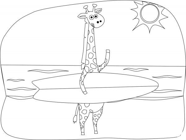 Giraffe on the Beach coloring page image
