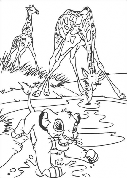 Giraffes and Simba coloring page image