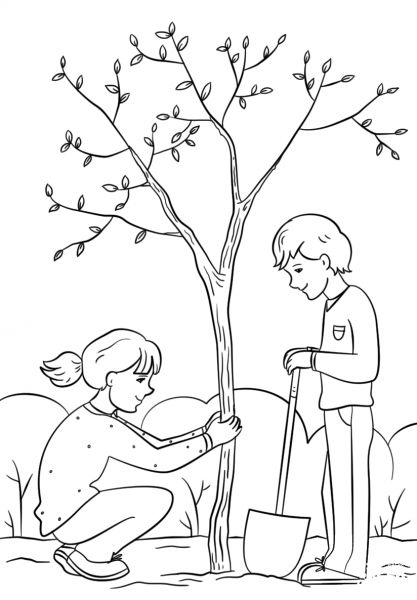 Girl and Boy Planting a Tree coloring page image