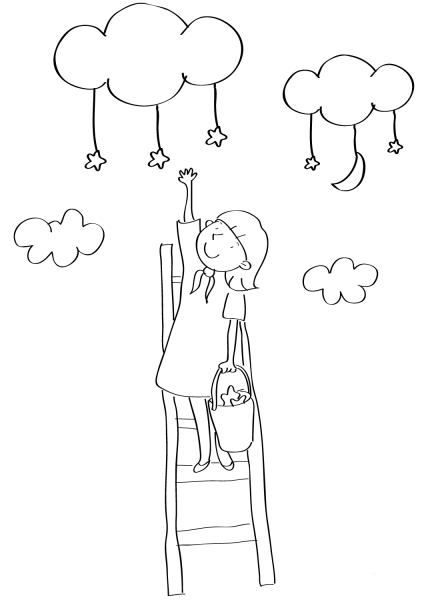 Girl Collecting Stars coloring page image