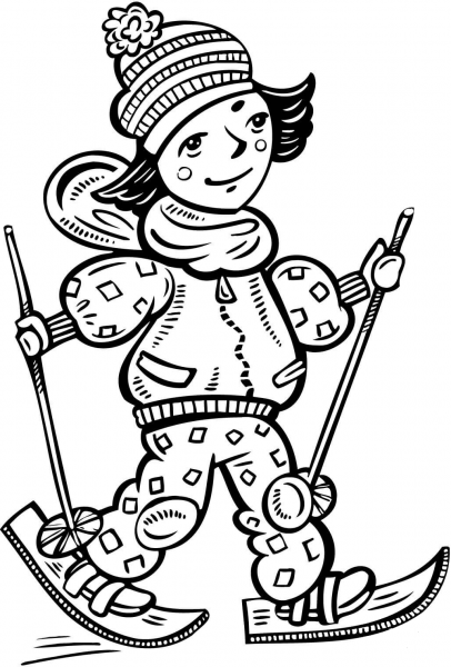 Girl Cross Country Skiing coloring page image