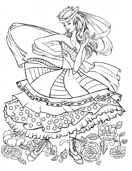 Girl Dancing in a Vintage Fashion Clothing coloring page image