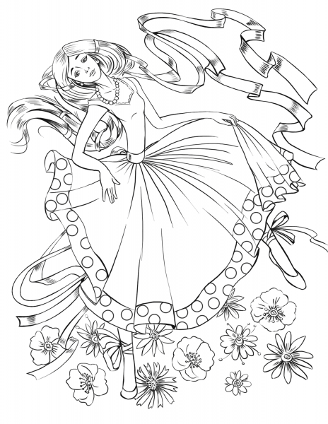 Girl Dancing with a Ribbon coloring page image