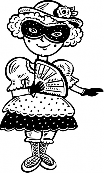 Girl Dressed up with a Mardi Gras Mask coloring page image