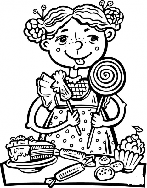 Girl Eating a Lot of Candy and Snacks coloring page image