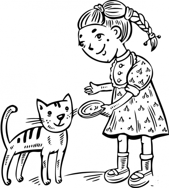 Girl Feeding Her Cat coloring page image