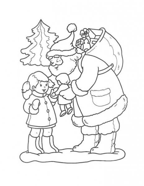Girl Gets Her Precious Doll from Santa coloring page image