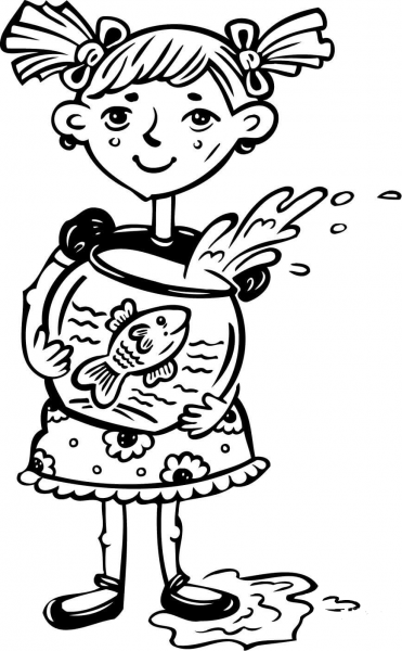 Girl Holding Her Fish Bowl coloring page image