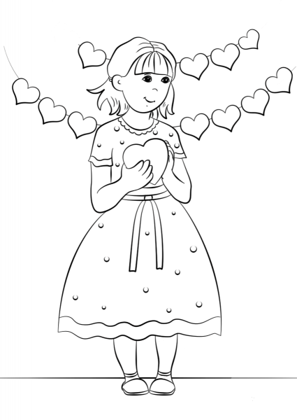 Girl Holding Valentine’s Card coloring page image