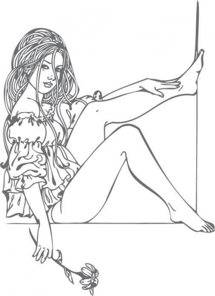 Girl in a Window Holding a Flower coloring page image