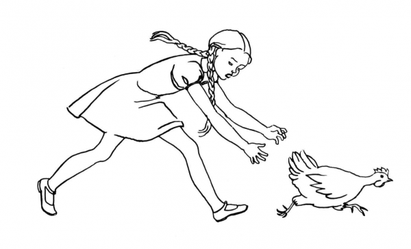 Girl Is Chasing the Hen coloring page image
