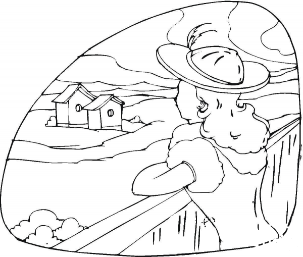 Girl Is Looking at a Country House  coloring page image