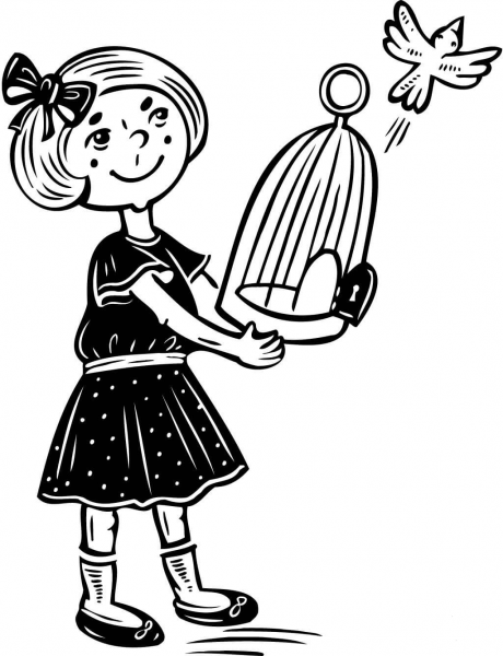 Girl Letting Her Bird Fly Free coloring page image