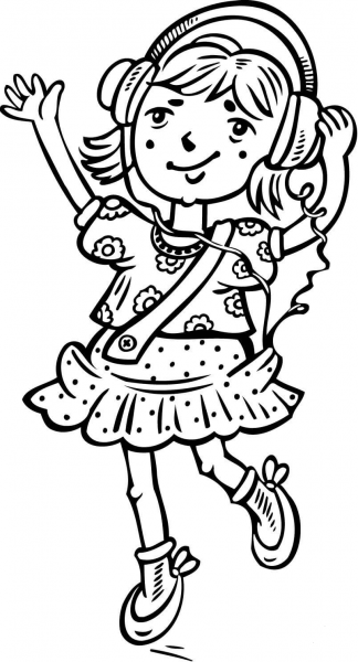 Girl Listening on Headphones coloring page image