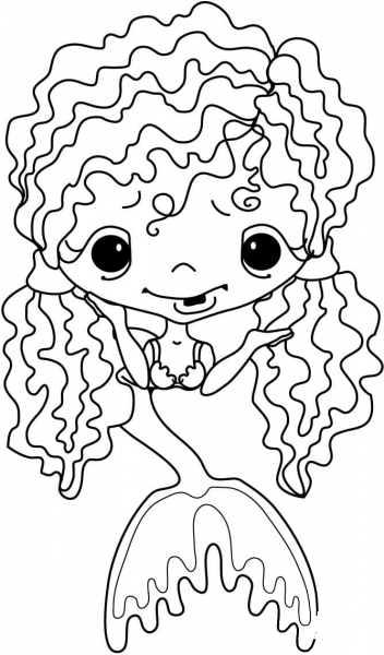 Girl Mermaid with Curly Long Hair coloring page image