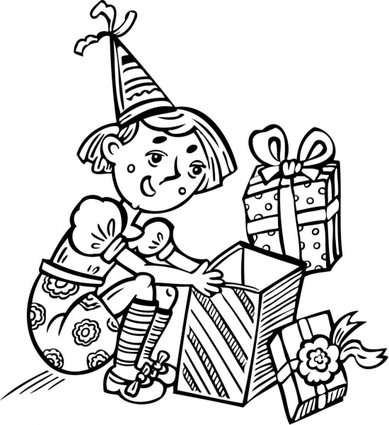 Girl Opening a Present on Her Birthday coloring page image