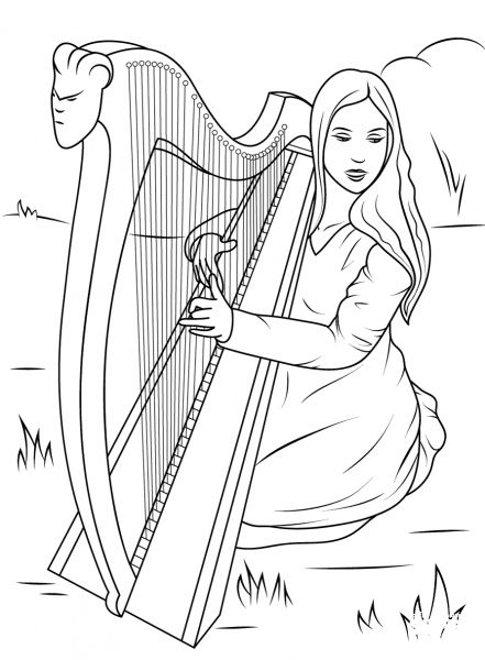 Girl Playing Celtic Harp coloring page image