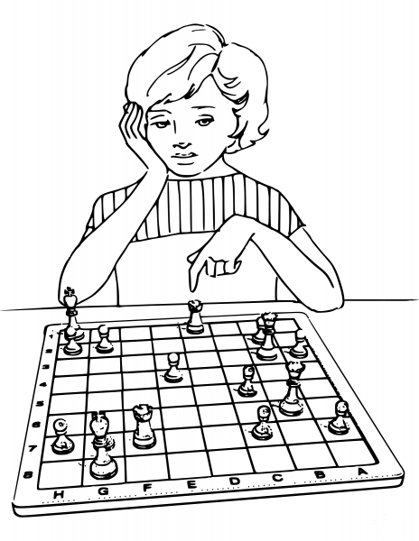 Girl Playing Chess coloring page image