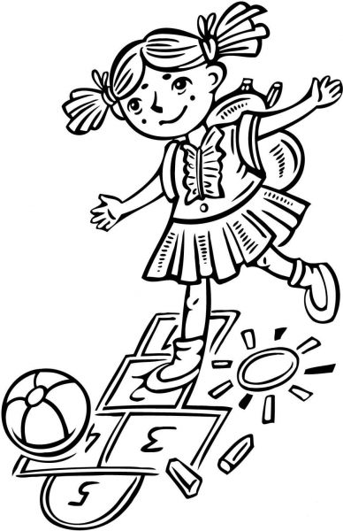 Girl Playing Hopscotch coloring page image
