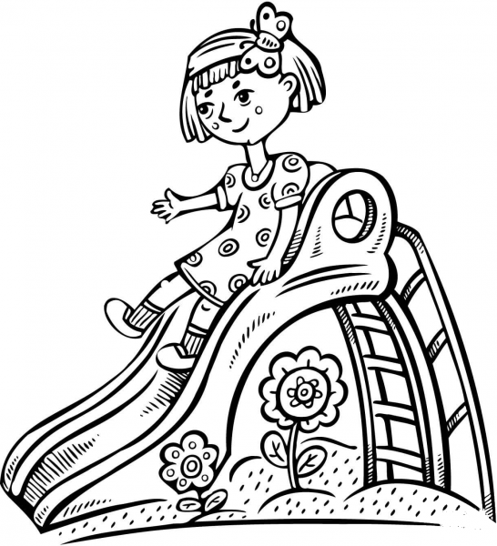 Girl Playing on a Slide coloring page image