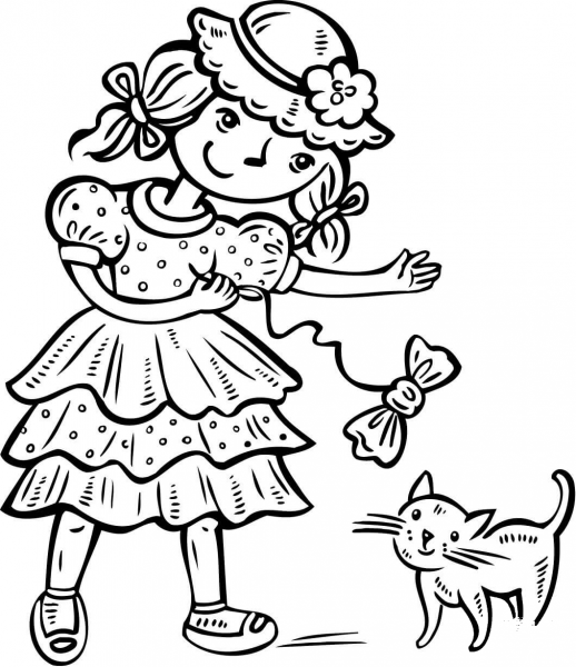 Girl Playing with Her Kitten coloring page image