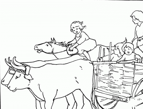 Girl Rides Oxen coloring page image