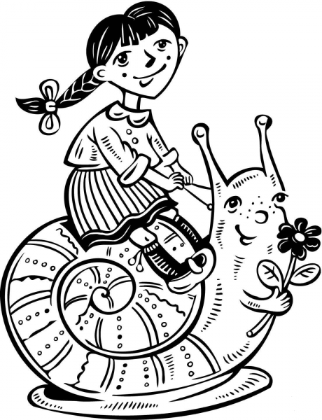 Girl Riding a Snail coloring page image