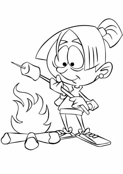 Girl Roasting Marshmallow over Camp Fire coloring page image