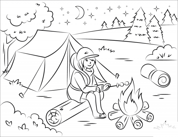 Girl Roasting Marshmallow over Campfire coloring page image