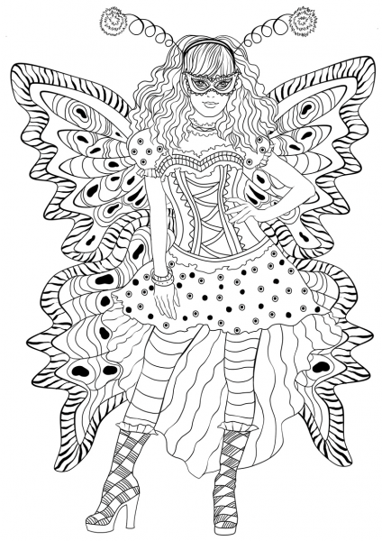 Girl Wearing Carnival Butterfly Costume coloring page image