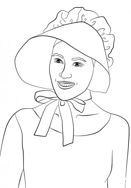 Girl Wearing Pilgrim Bonnet coloring page image