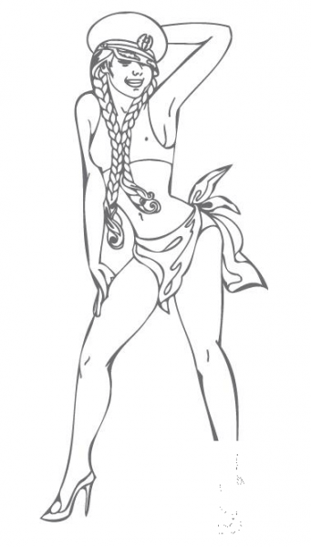 Girl Wearing Sailor Hat and Short Skirt and High Heels coloring page image