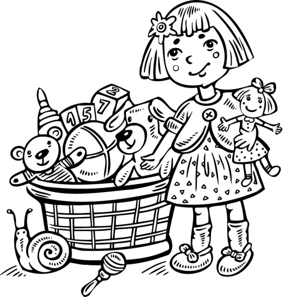 Girl with a Toy Box coloring page image