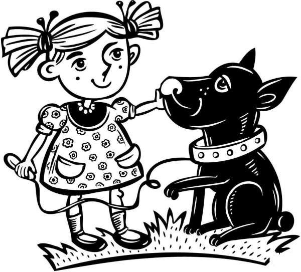 Girl with Her Pet Dog coloring page image