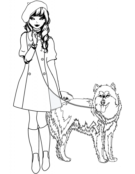 Girl with Husky coloring page image