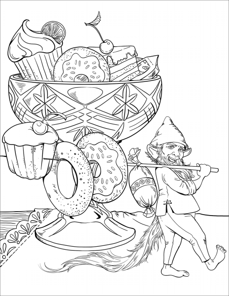 Gnome and His Dessert coloring page image