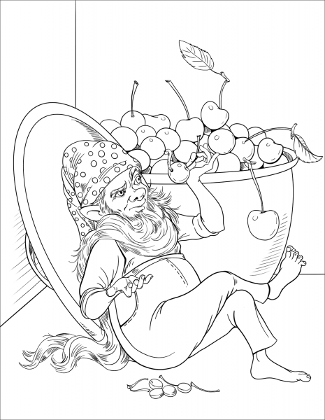 Gnome Eating Cherries coloring page image