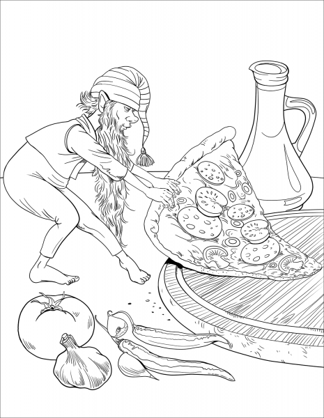 Gnome is Dragging a Slice of Pizza coloring page image