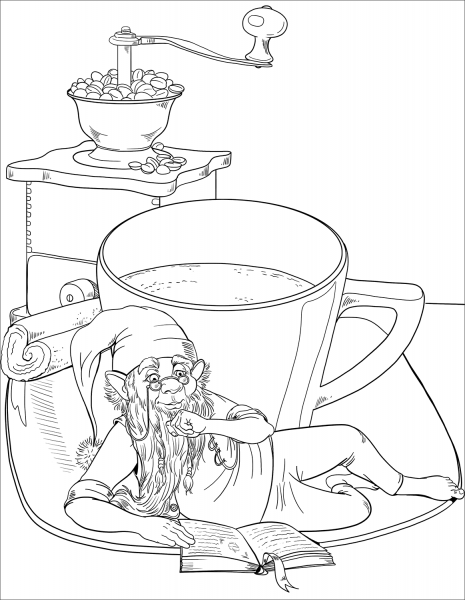 Gnome Reading a Book and Drinking a Coffee coloring page image