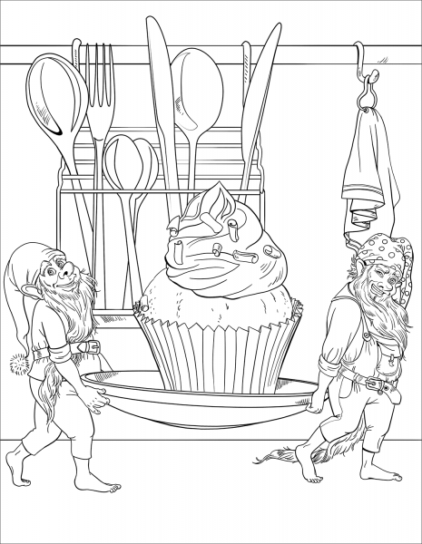 Gnomes are Carrying a Muffin coloring page image