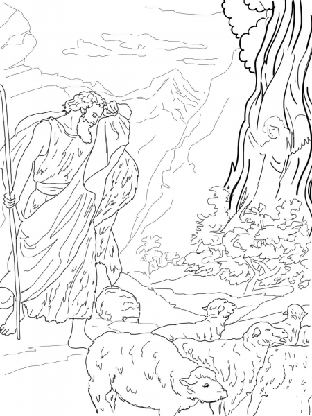 God Speaks to Moses from the Burning Bush coloring page image